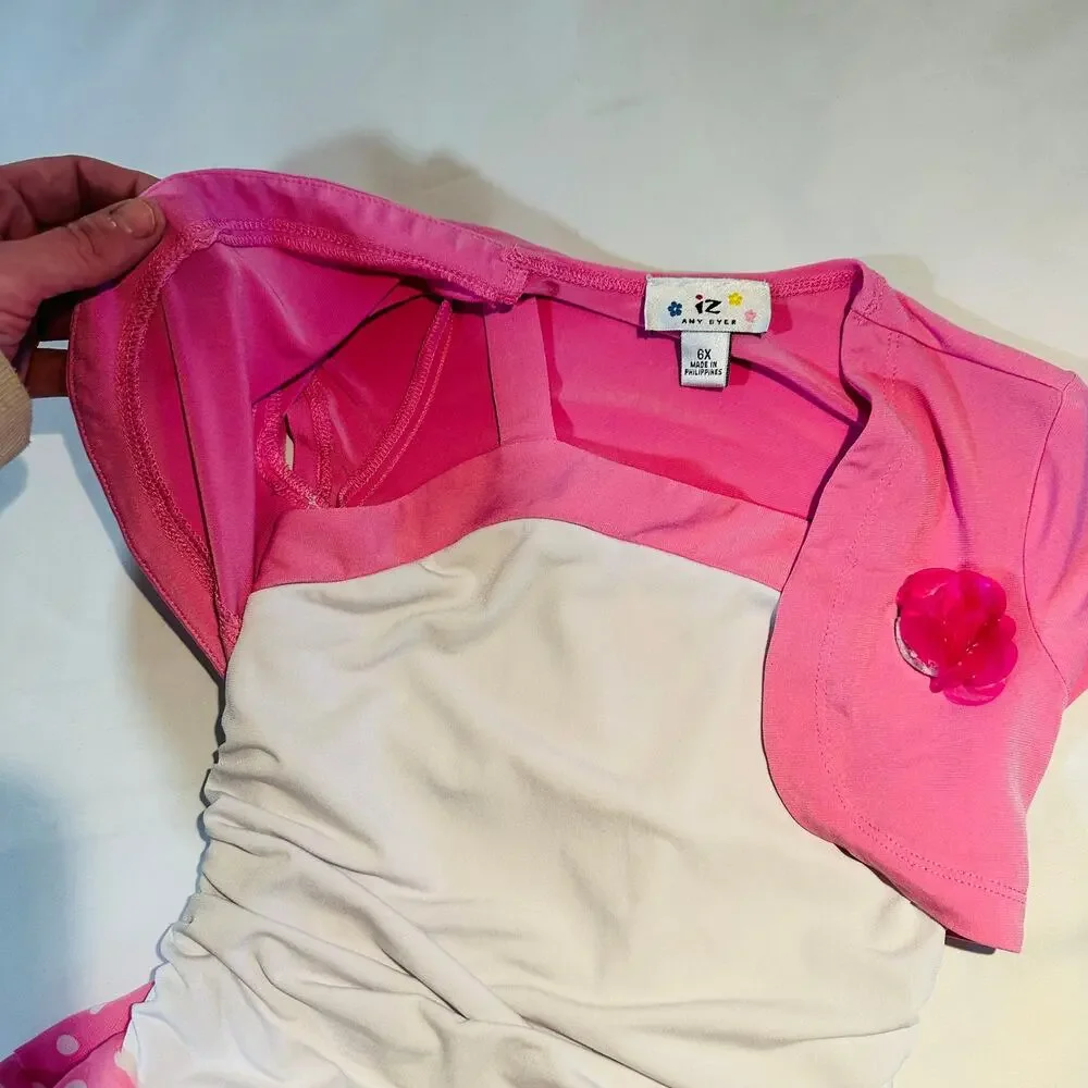 Y2K Iz Amy Byer Pink & White Polka Dot Ruffle Tiered Dress w/ Cardigan Sz 6x